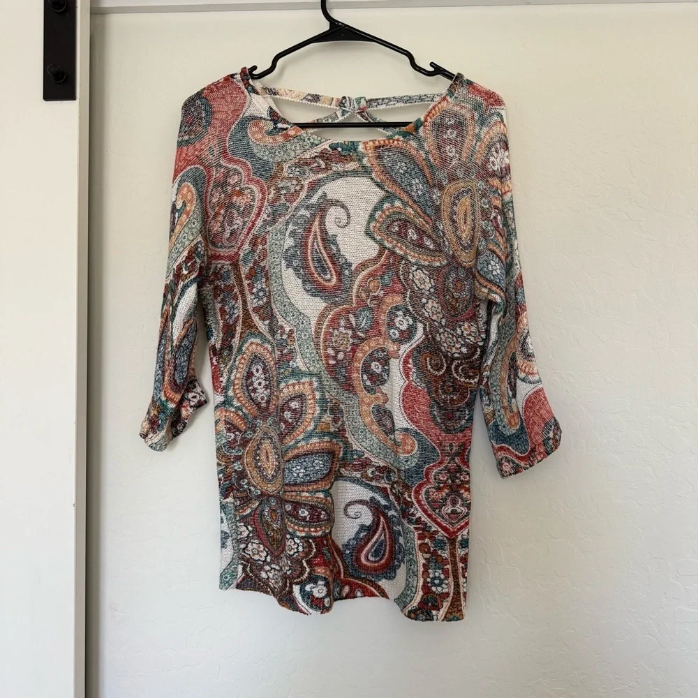 Chico's Women's Paisley Cross-back Detail 3/4 Sleeve Sweater 00 xs Colorful Knit